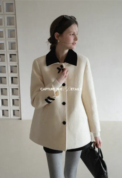 Elegant Wool Coat with Bow Detail and Contrasting Collar