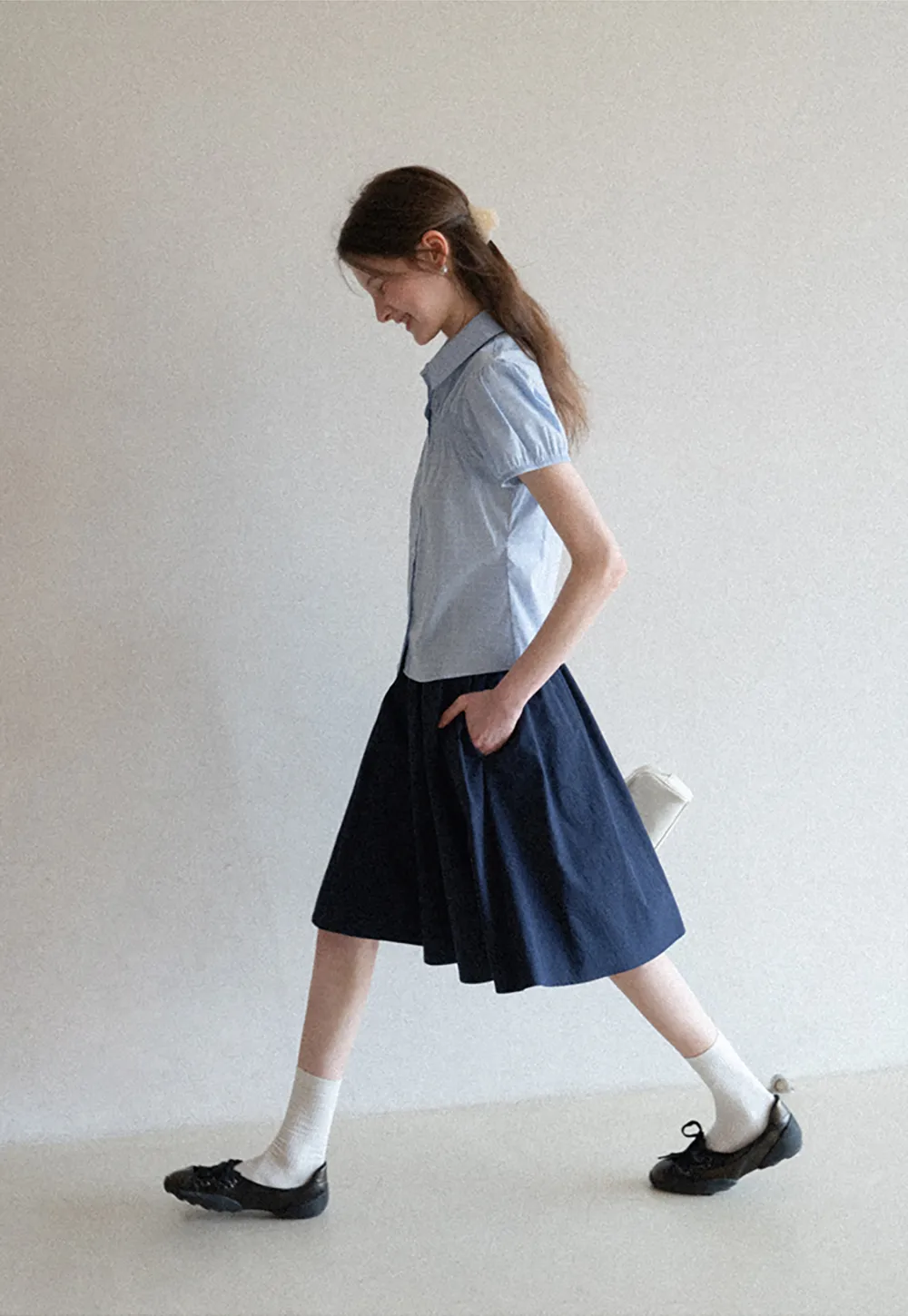 Short Sleeve Button Up Shirt with Pleated Detail