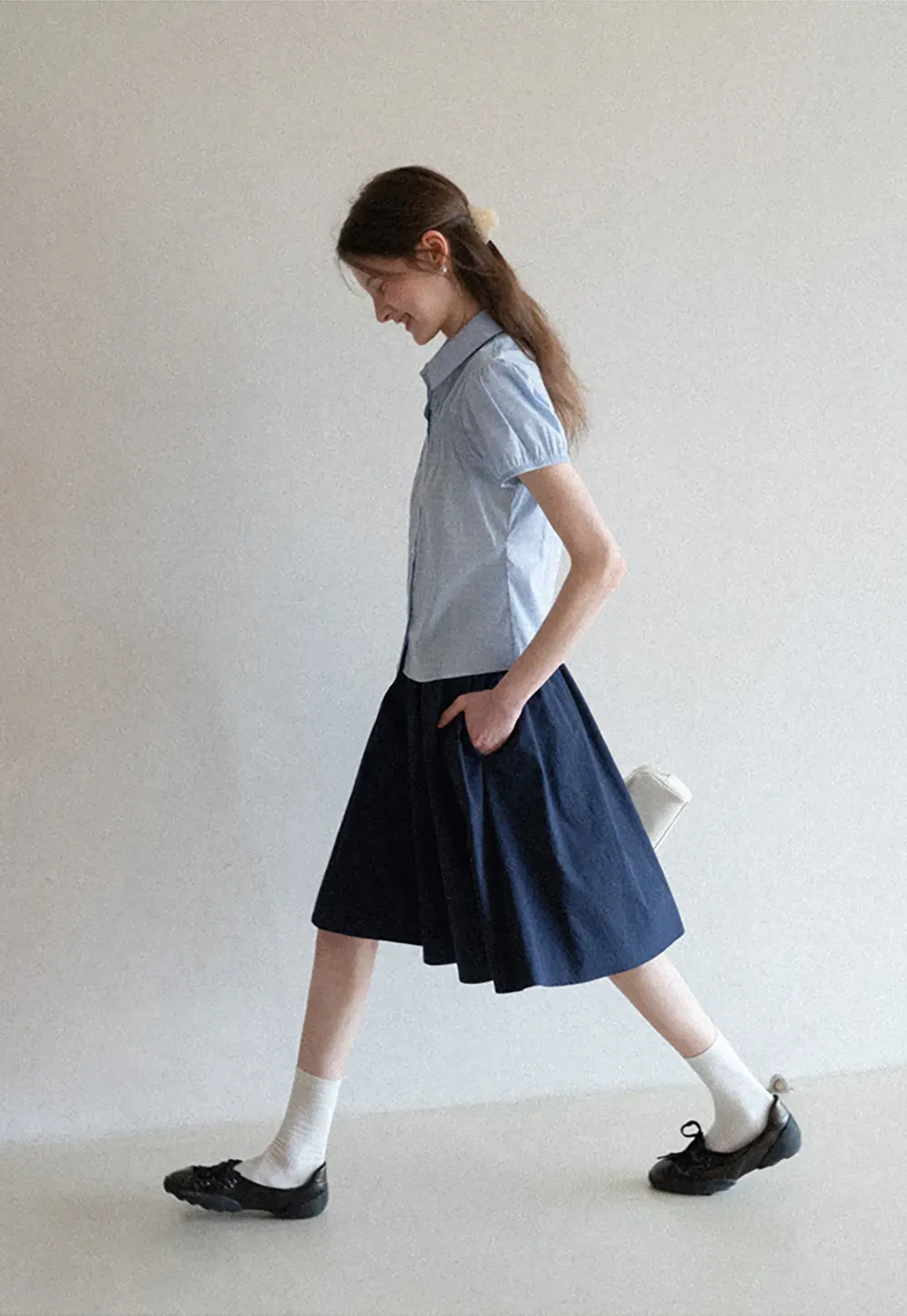 Short Sleeve Button Up Shirt with Pleated Detail