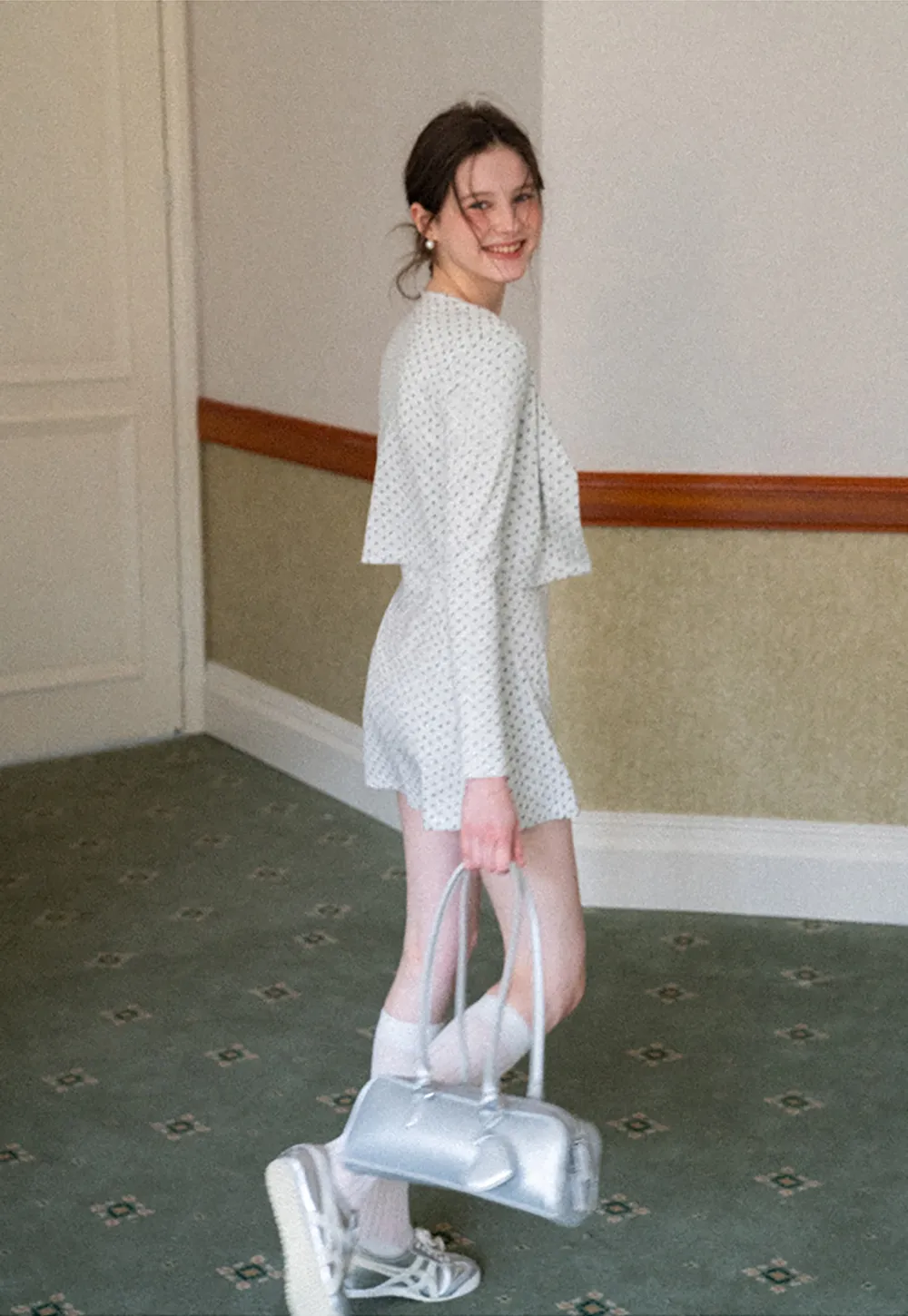 Polka dot dress with lace trim and matching cardigan