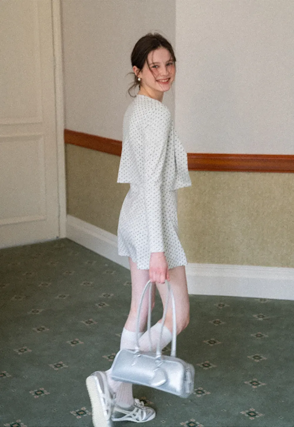 Polka dot dress with lace trim and matching cardigan