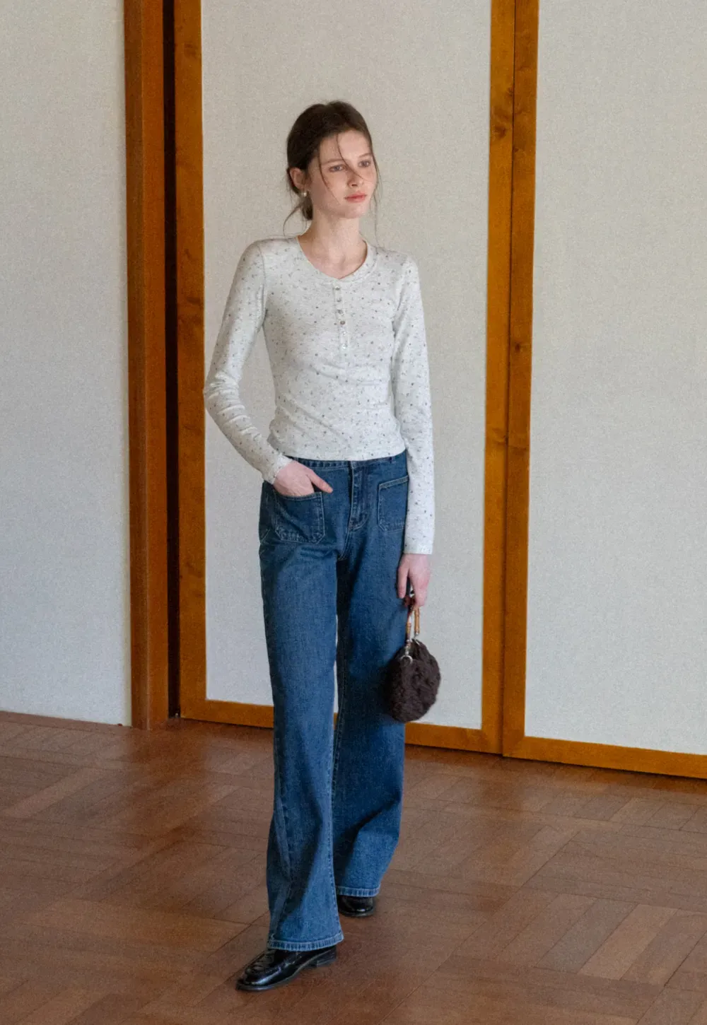 Long sleeve button front top with floral print