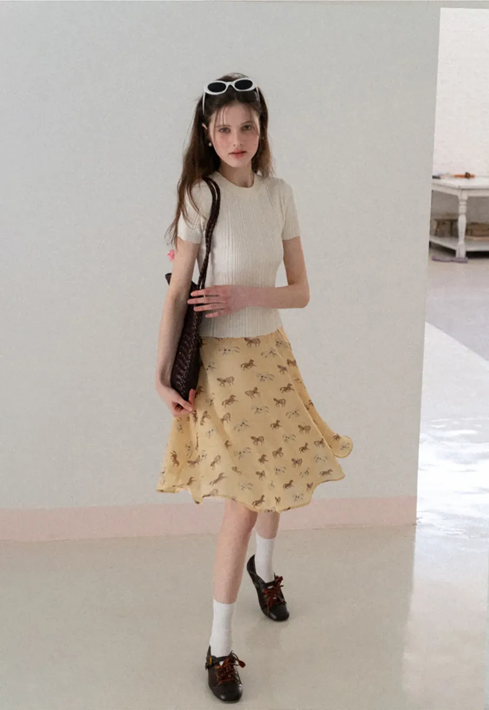 Horse Print Flared Midi Skirt