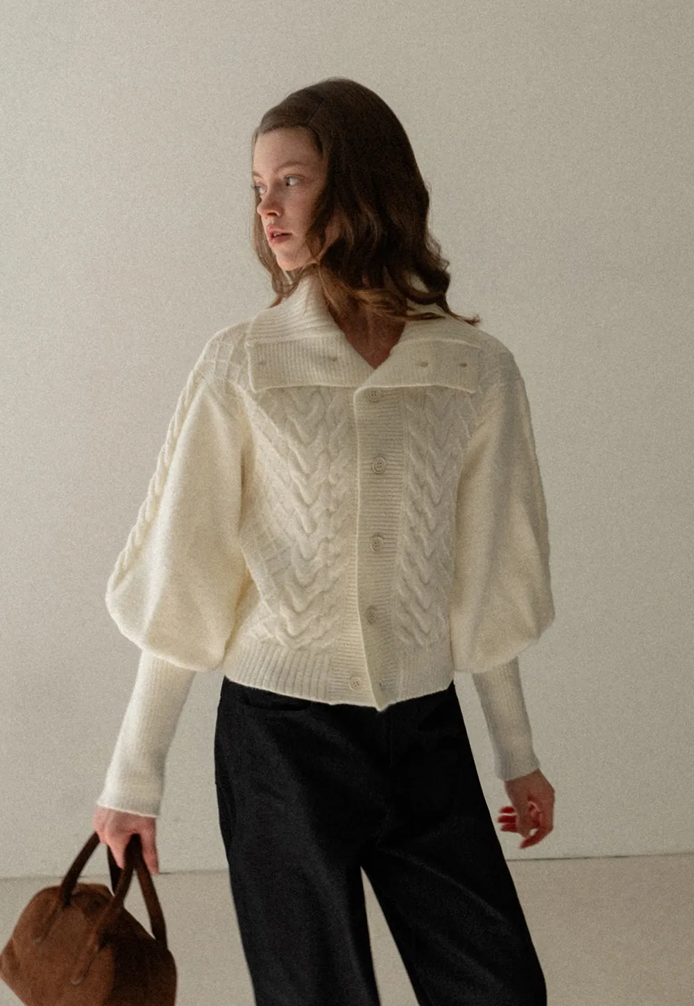 Chunky Knit Cardigan with Balloon Sleeves