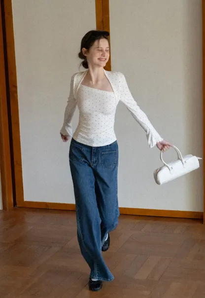 Polka dot long sleeve top with square neckline