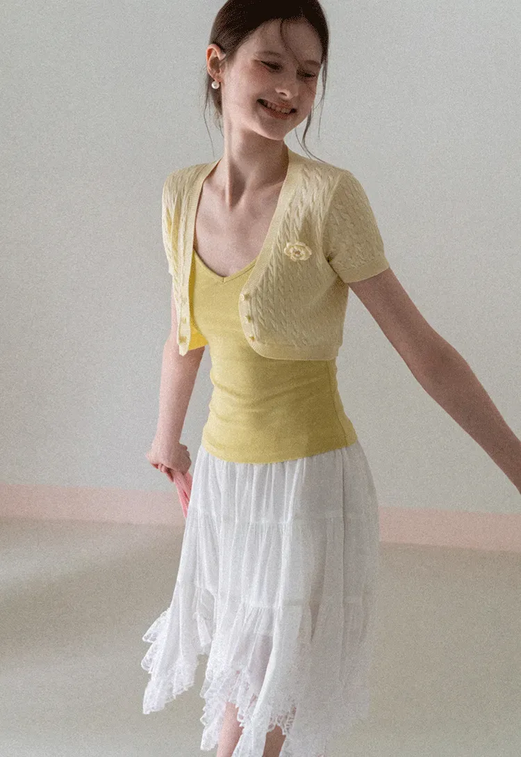 Short Sleeve Cable Knit Cardigan with Button Closure