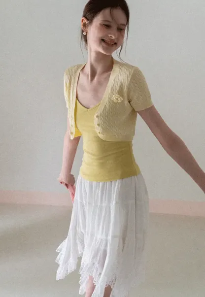 Short Sleeve Cable Knit Cardigan with Button Closure