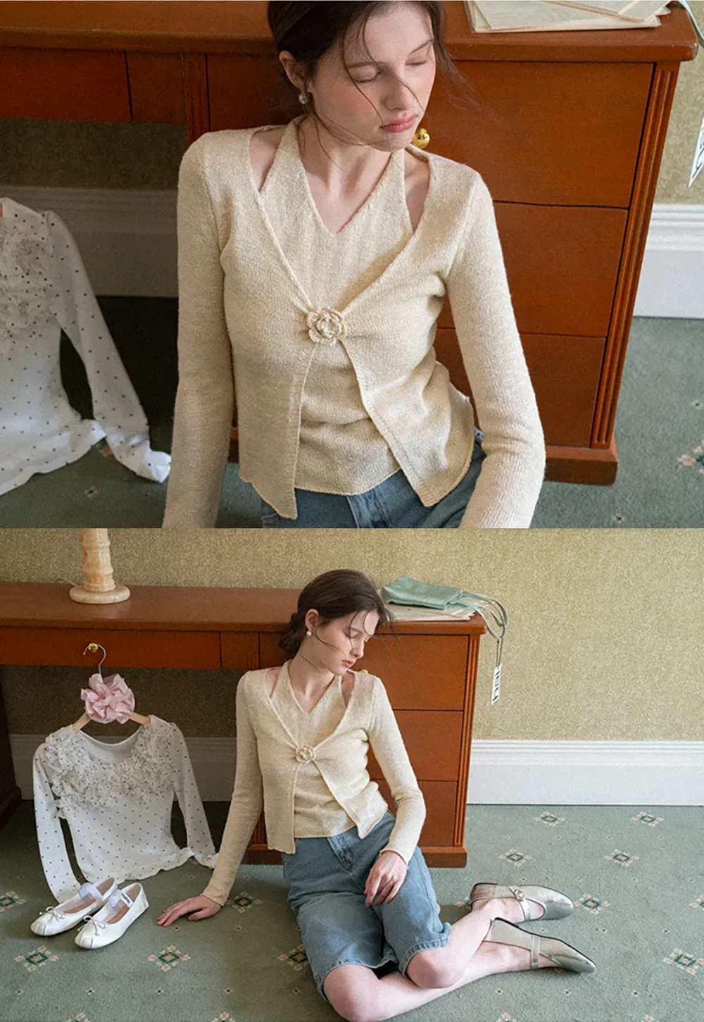 V Neck Knit Sweater with Floral Button Detail