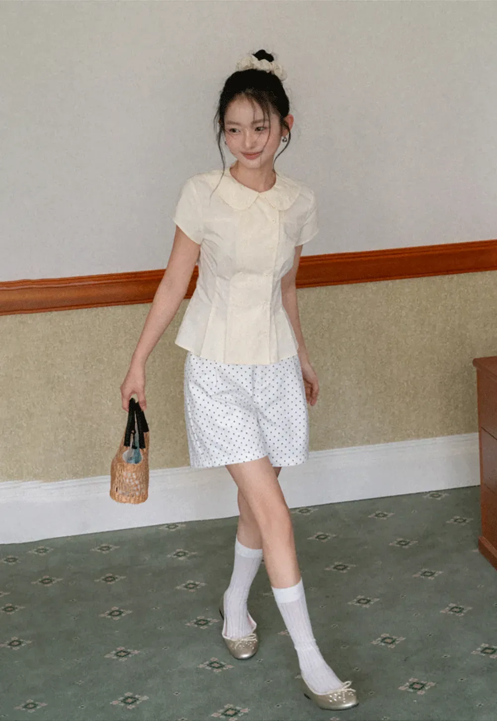 Short Sleeve Shirt with Peter Pan Collar and Peplum Hem