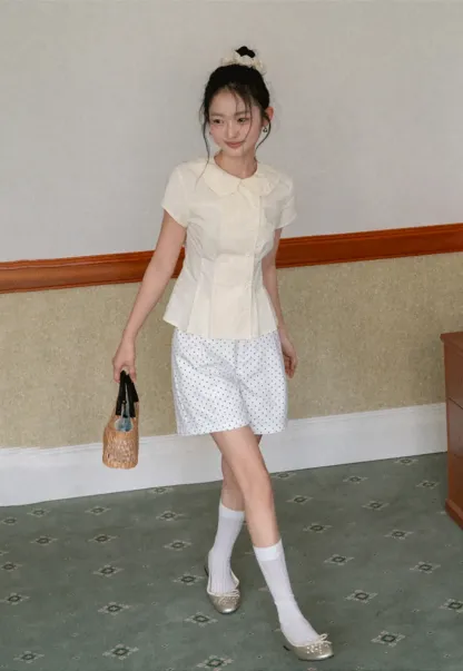 Short Sleeve Shirt with Peter Pan Collar and Peplum Hem