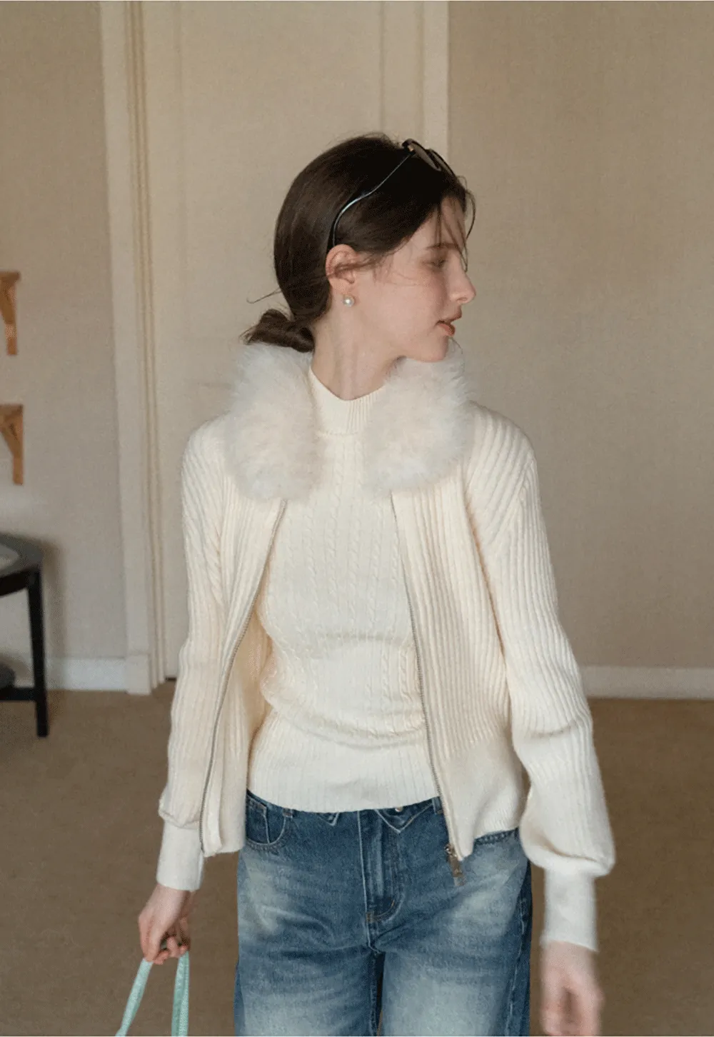 Ribbed knit sweater with fur collar detail