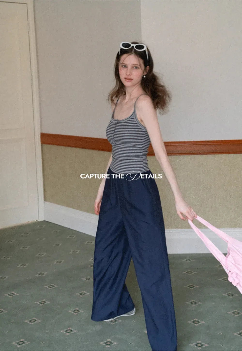 Strapless top with sheer neck tie and loose fit pants