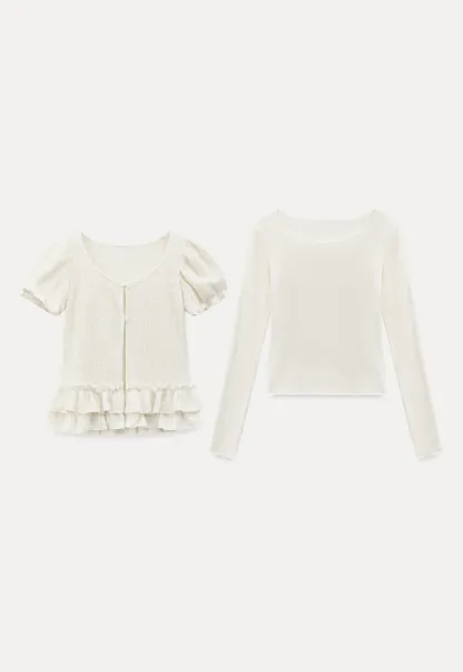 floral lace top with puffed sleeves and ruffled hem