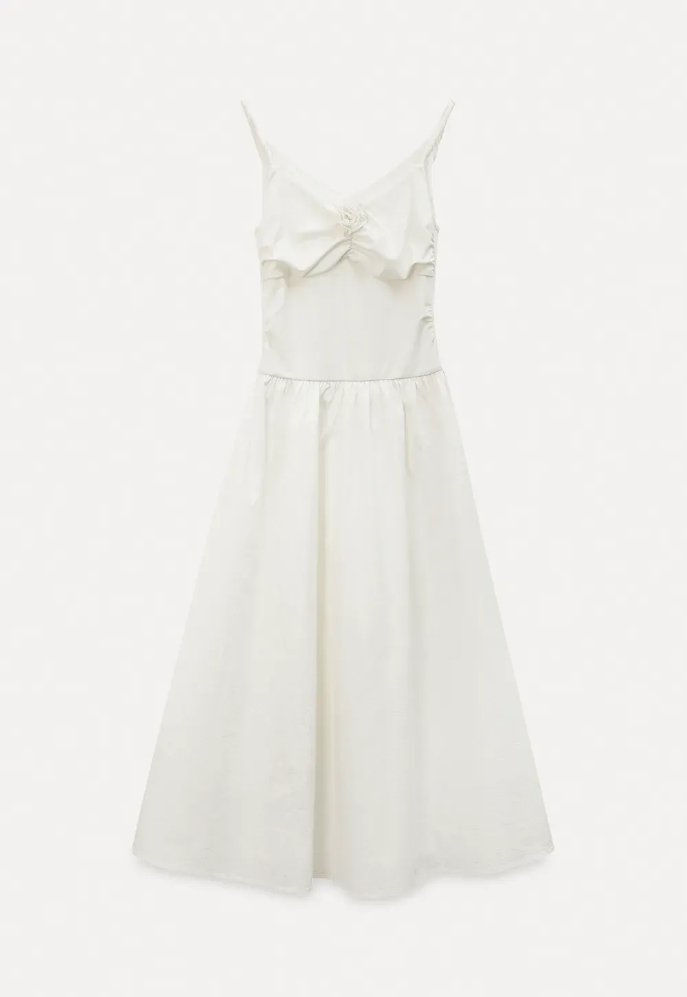 Sleeveless V Neck Midi Dress with Ruched Bodice