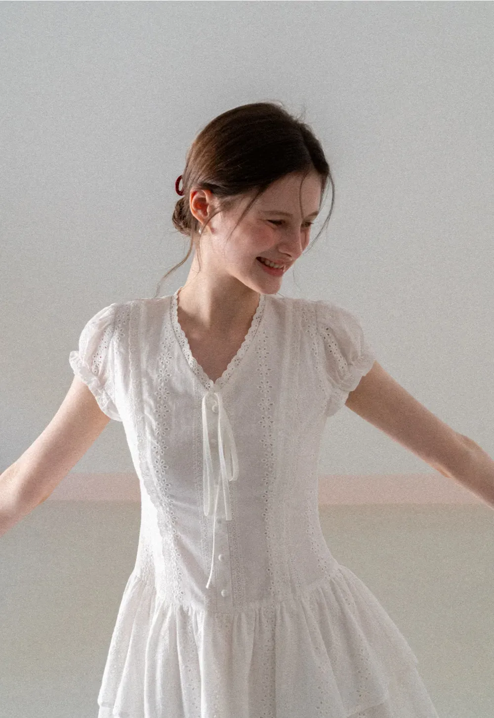 Eyelet Lace Dress with Puffed Sleeves and Tiered Skirt