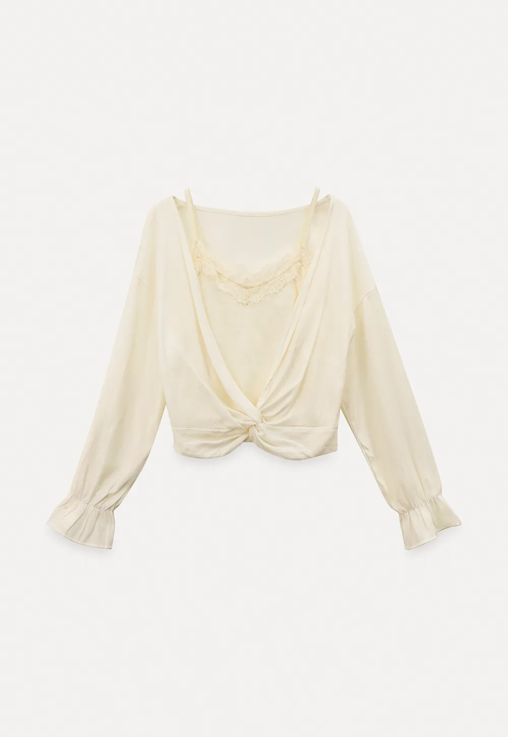 Lace Trimmed V Neck Long Sleeve Wrap Shirt