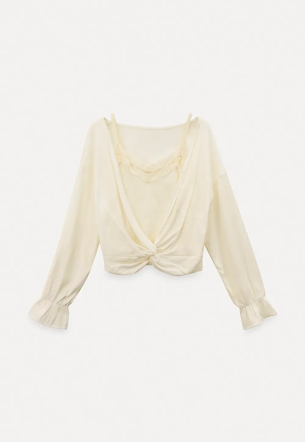 Lace Trimmed V Neck Long Sleeve Wrap Shirt