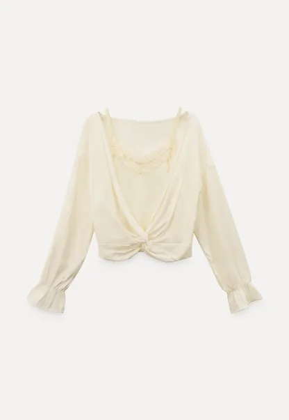 Lace Trimmed V Neck Long Sleeve Wrap Shirt