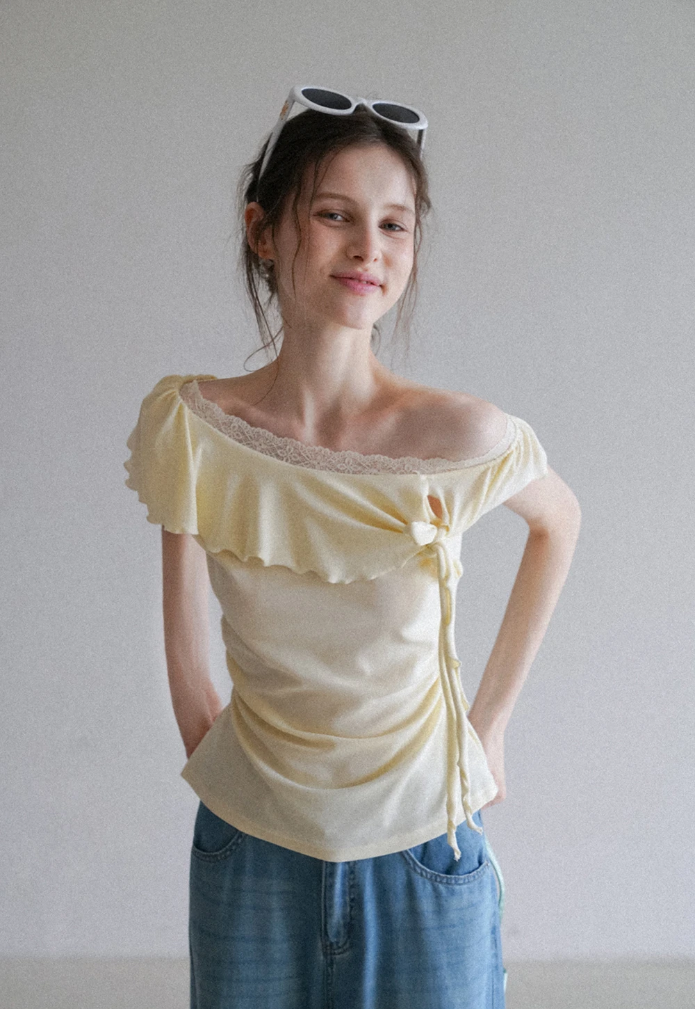 Chic Off Shoulder Ruffle Blouse with Lace Lining
