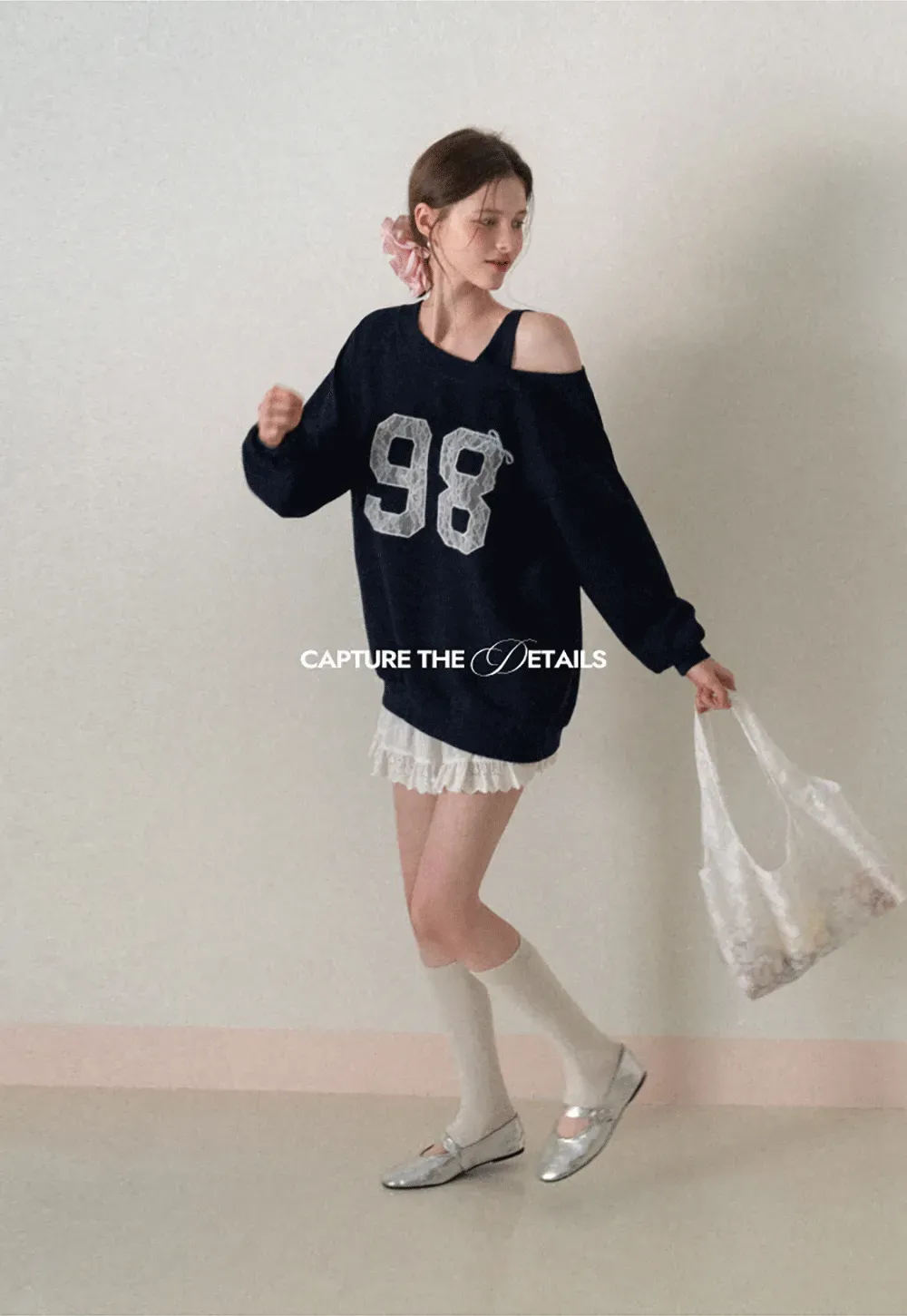 Off Shoulder Sweatshirt with Lace Number Print