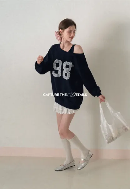 Off Shoulder Sweatshirt with Lace Number Print