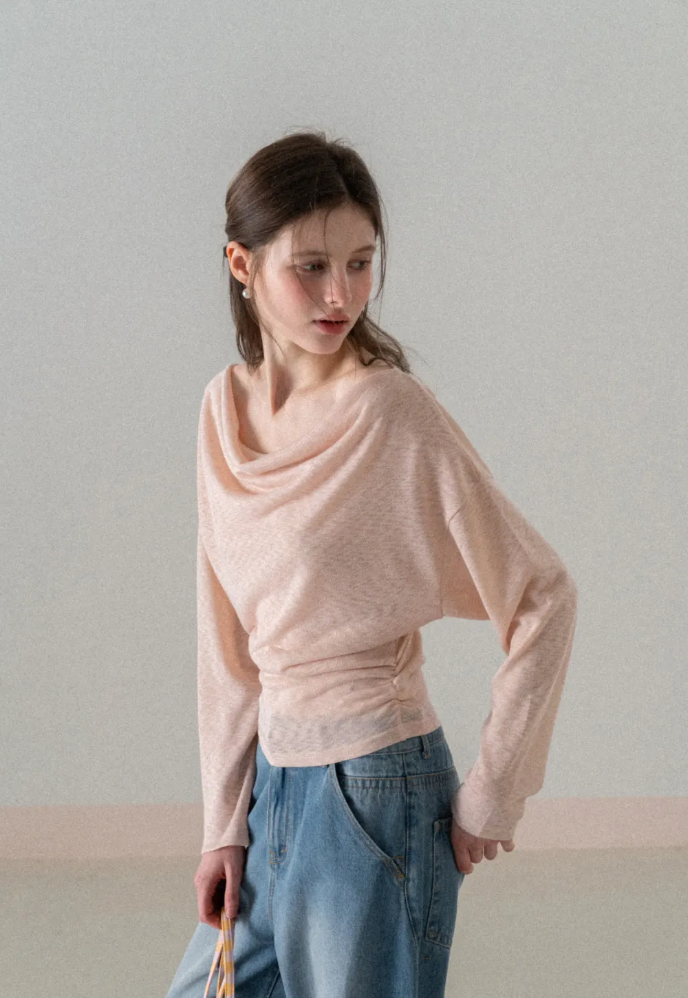 Long sleeve off shoulder draped knit top