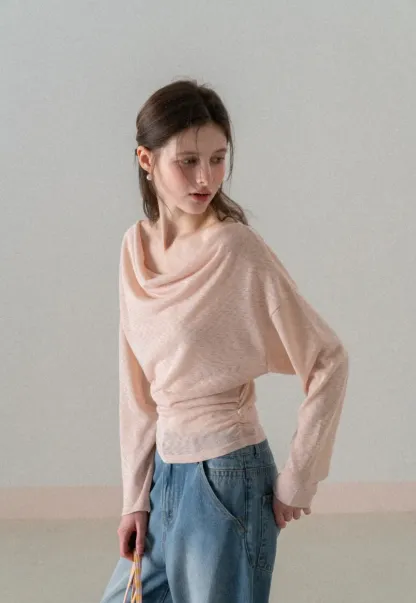 Long sleeve off shoulder draped knit top