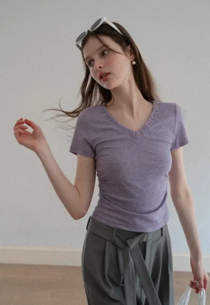 V neck short sleeve t shirt with ruffled trim