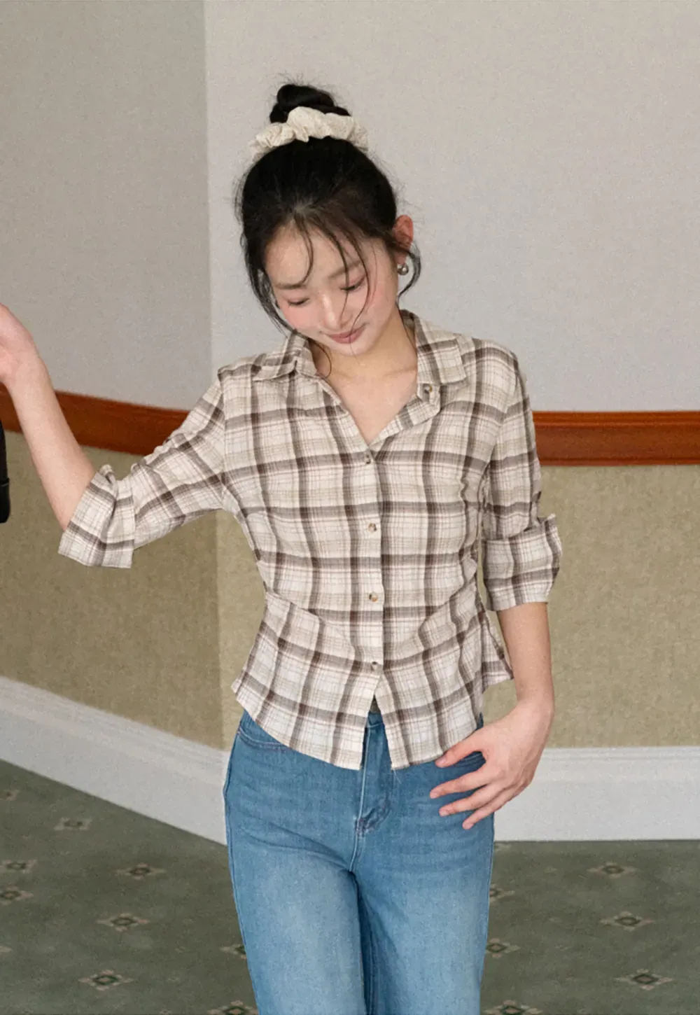 Plaid Shirt with Rolled Sleeves and Button Front
