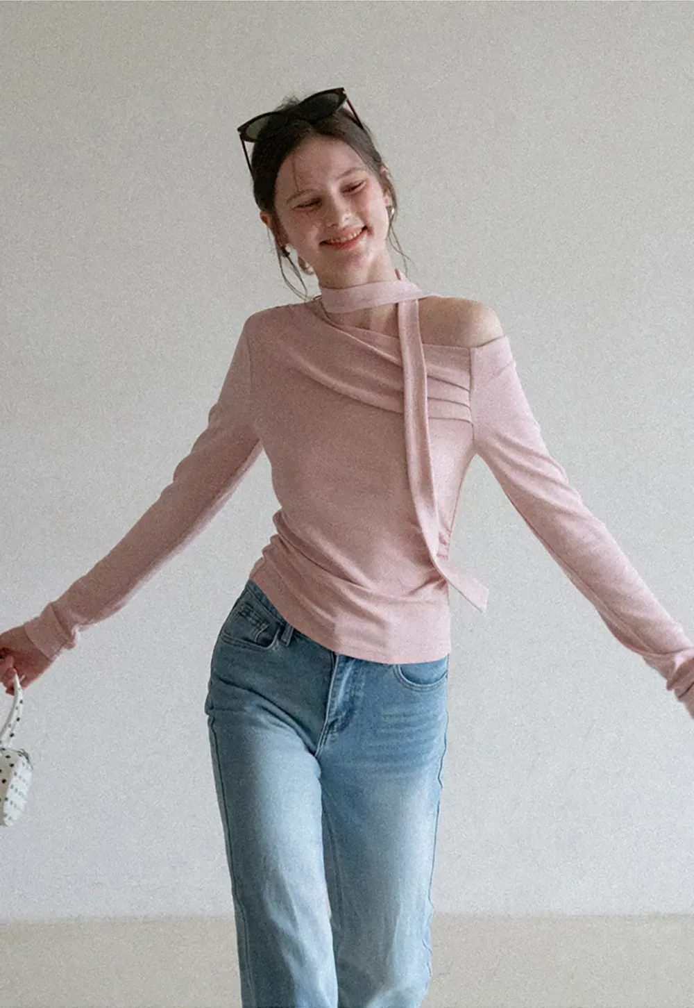 Long sleeve off shoulder top with neck tie detail