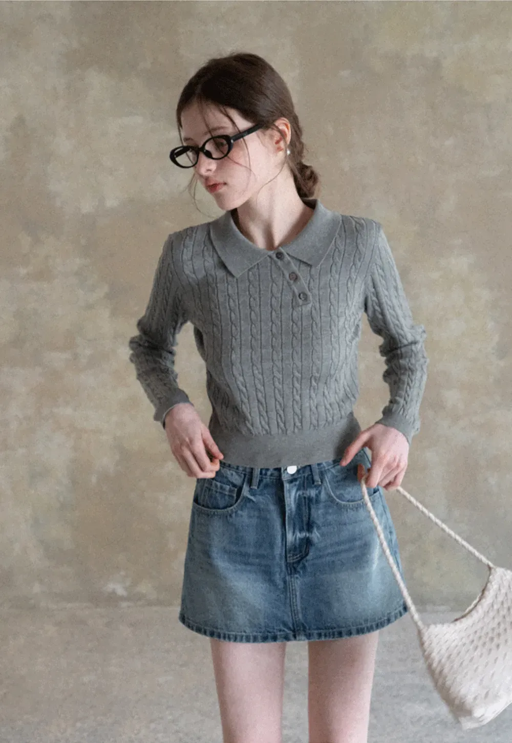 Denim Mini Skirt with Front Pocket and Frayed Hem