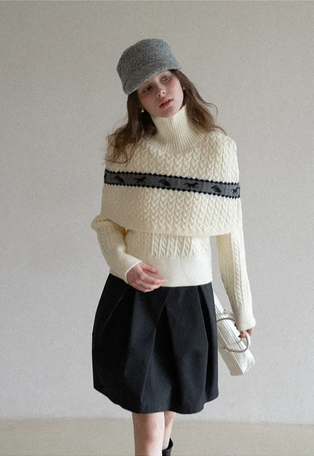 Turtleneck Cable Knit Sweater with Horse Pattern Stripe