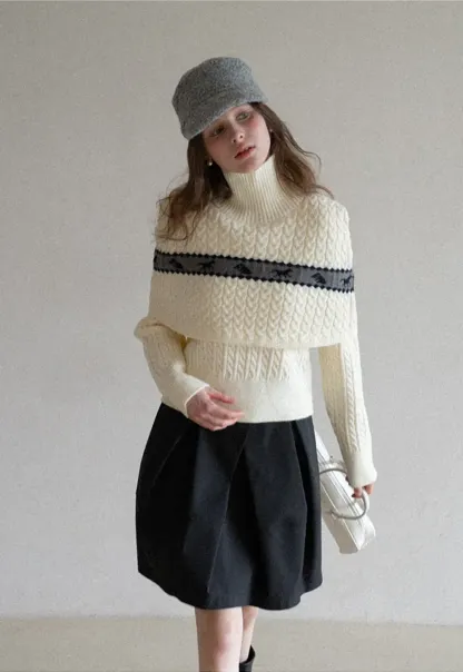 Turtleneck Cable Knit Sweater with Horse Pattern Stripe