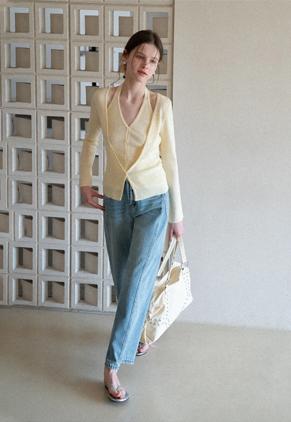 V neck long sleeve knit cardigan with open shoulders