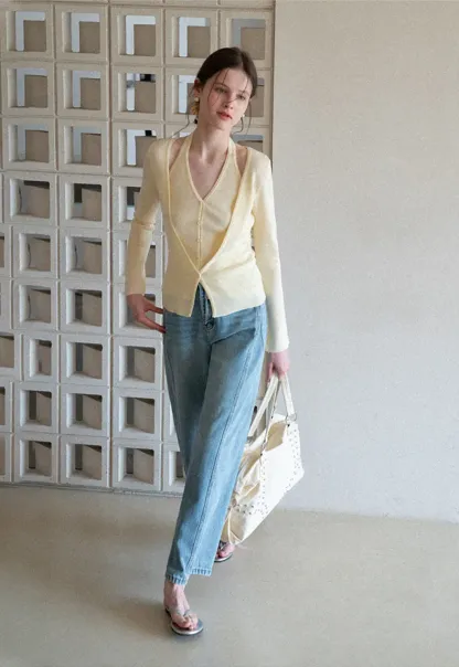 V neck long sleeve knit cardigan with open shoulders