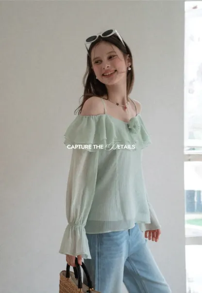 Off Shoulder Blouse with Ruffled Layers and Floral Embellishment