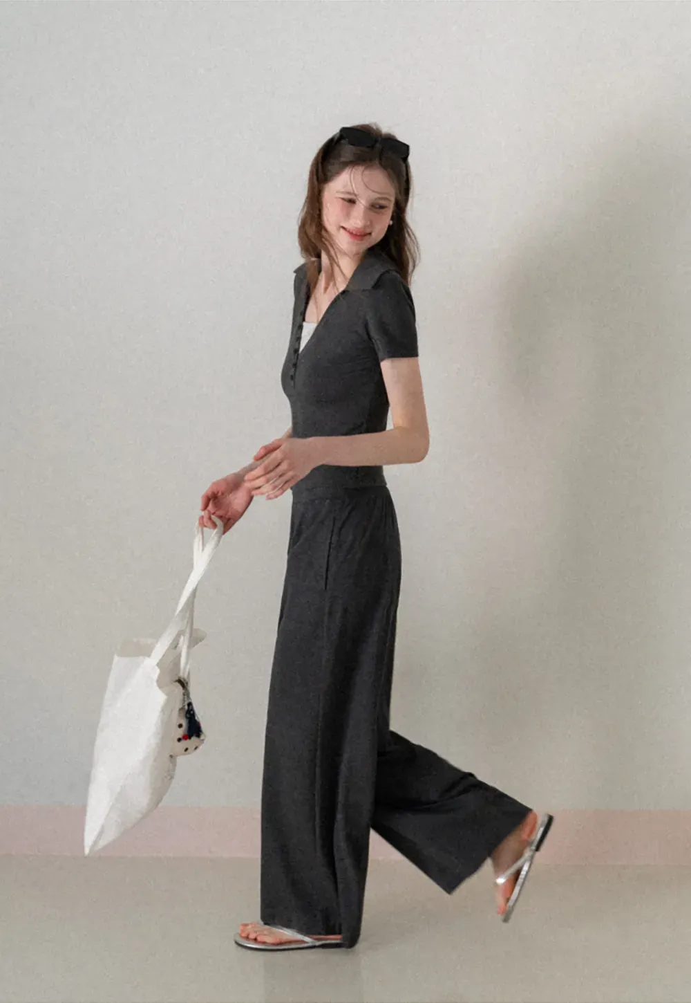 Polo shirt with buttons and wide leg casual pants