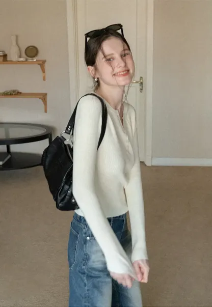 Elegant Henley Knit Top with Button Detail