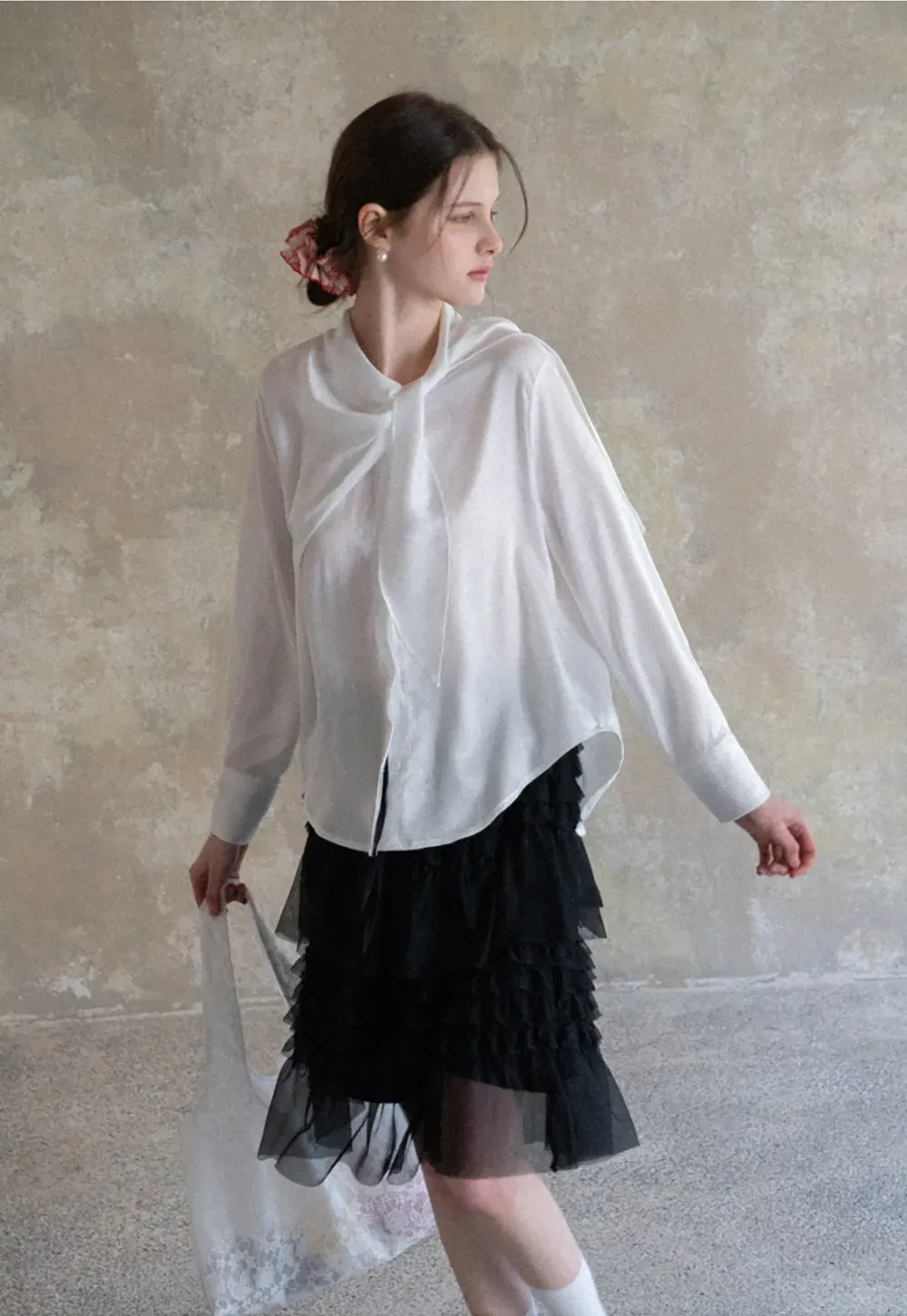 Ribbed Long Sleeve Shirt with Tie Neck Detail