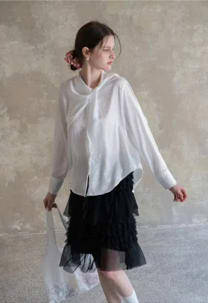 Ribbed Long Sleeve Shirt with Tie Neck Detail