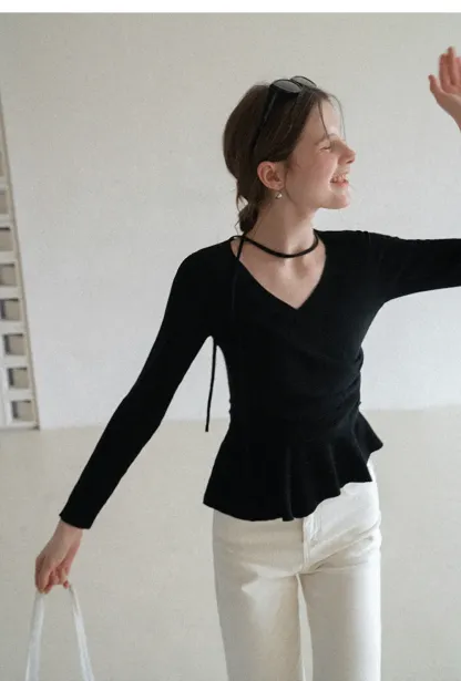 Long sleeve wrap knit sweater with ruched detail