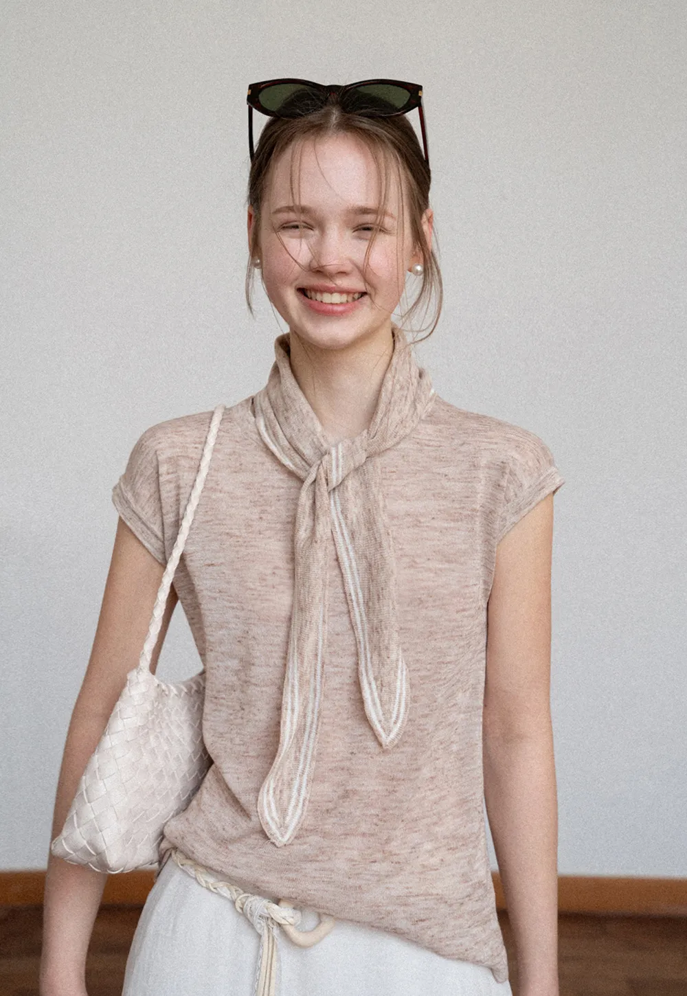 Short Sleeve Knit Sweater with Neck Tie Detail