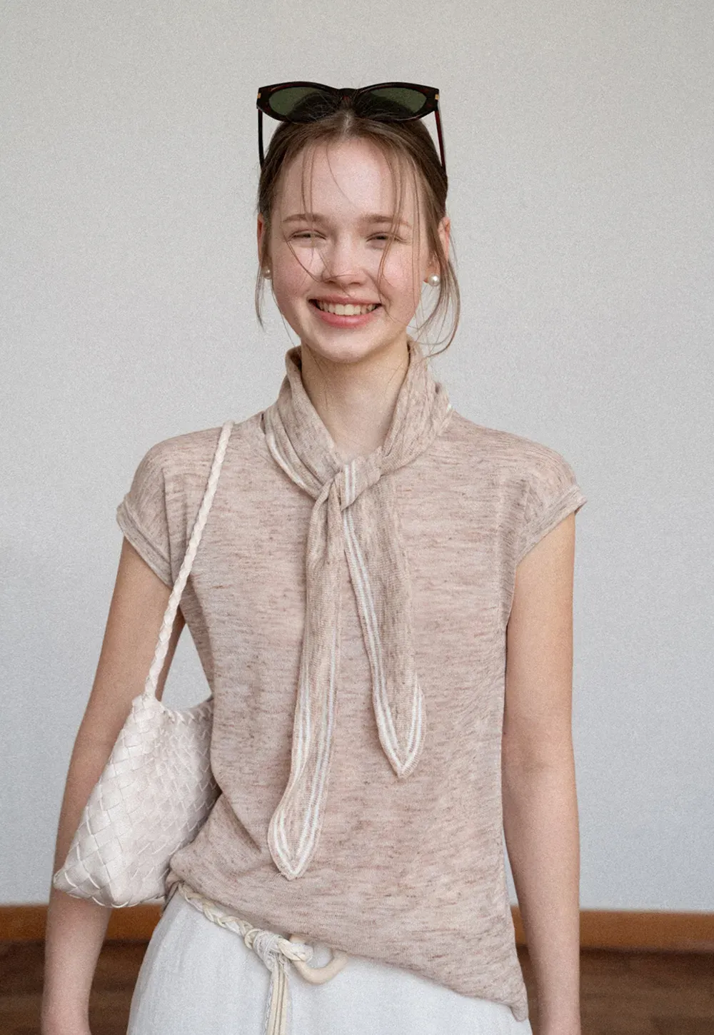 Short Sleeve Knit Sweater with Neck Tie Detail