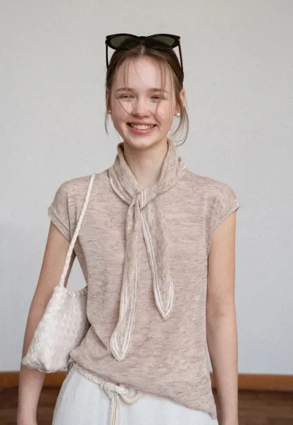 Short Sleeve Knit Sweater with Neck Tie Detail