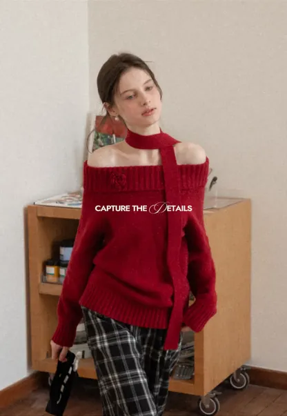 Elegant High Neck Knit Sweater with Tie Detail