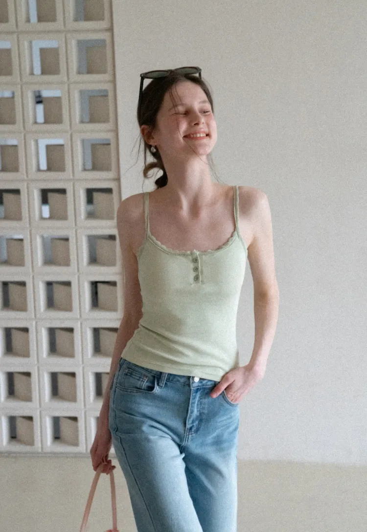 Lace Trim Button Front Tank Top