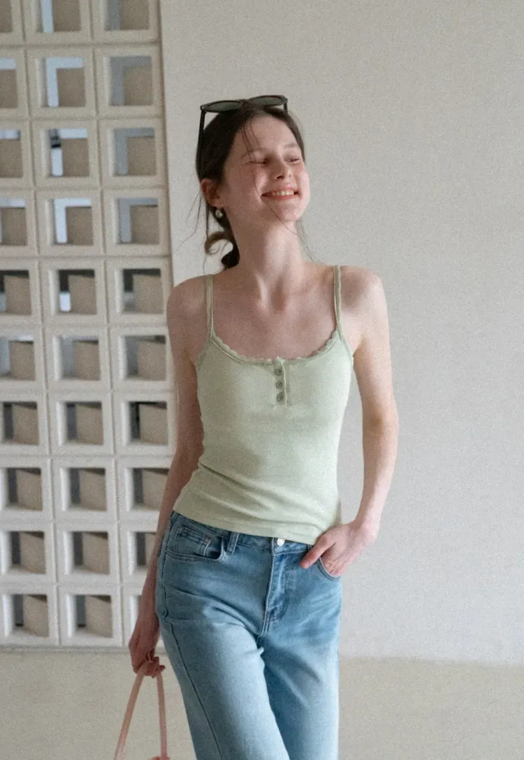 Lace Trim Button Front Tank Top