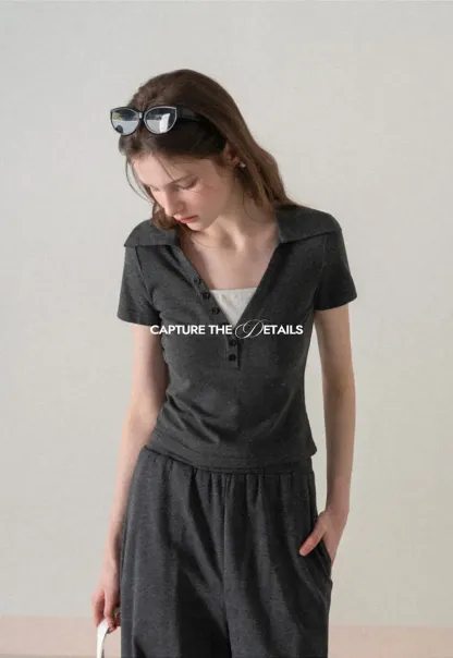 Polo shirt with buttons and wide leg casual pants