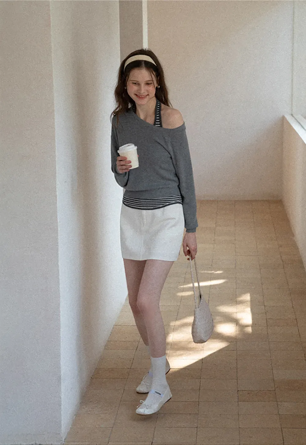 Off Shoulder Long Sleeve Knit Sweater with Striped Trim