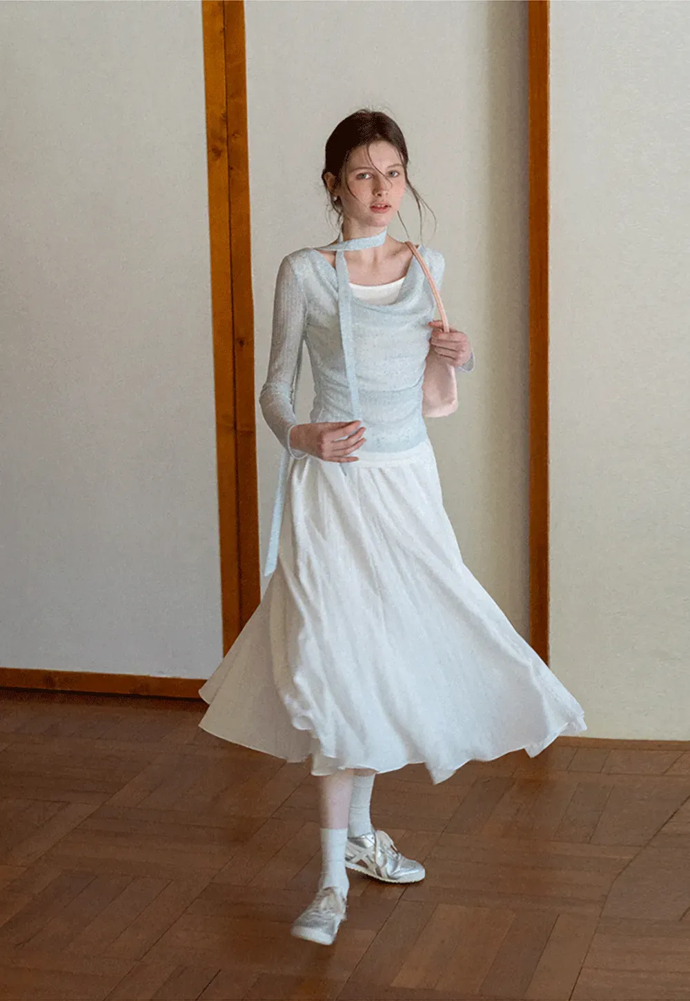 Flowy Pleated Midi Skirt with Drawstring Waist